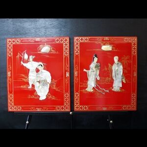 Vintage Chinese Red Lacquer Mother of Pearl Handmade Wall Hanging Set